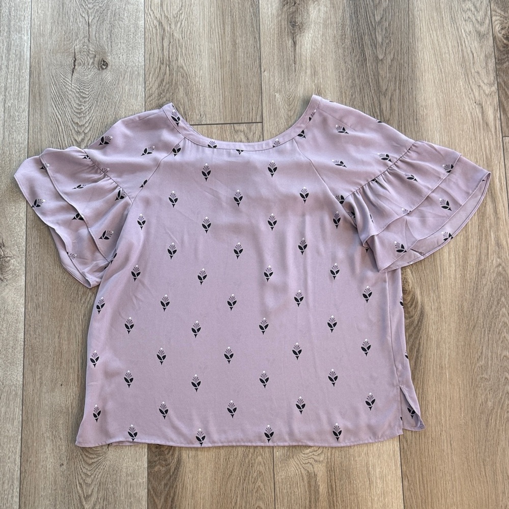 LOFT Lavender Floral Ruffle Sleeve Blouse